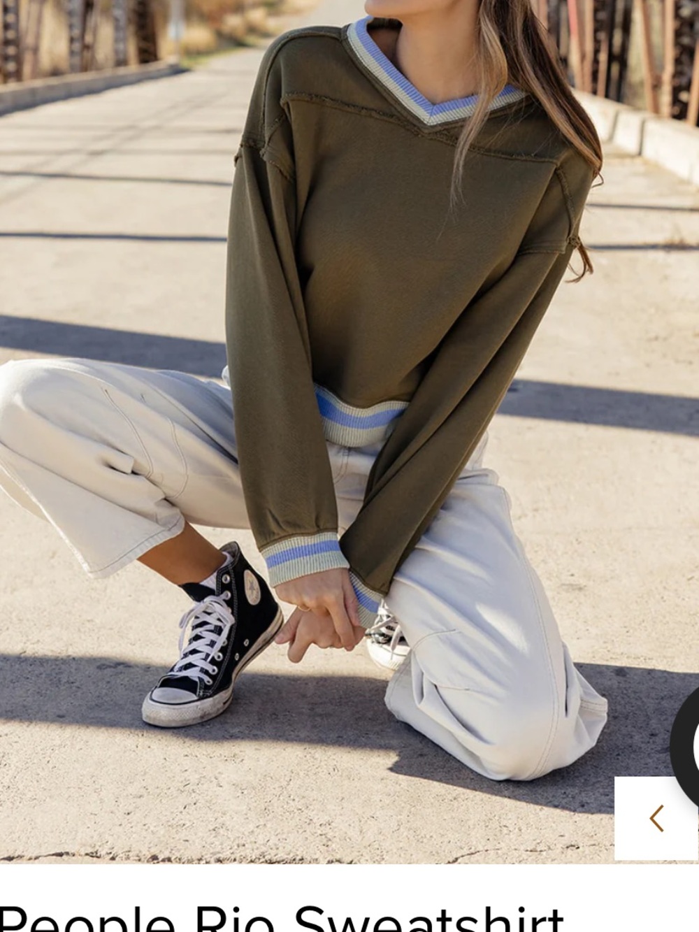 Free People rio sweater Olive Green V-Neck Sweatshirt with Blue-Trim - Picture 2 of 11